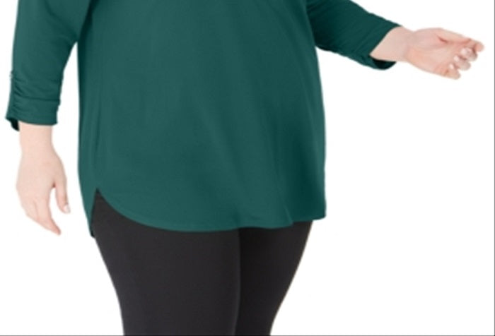 JM Collection Women's Plus Solid Zip Top Green Size 2X