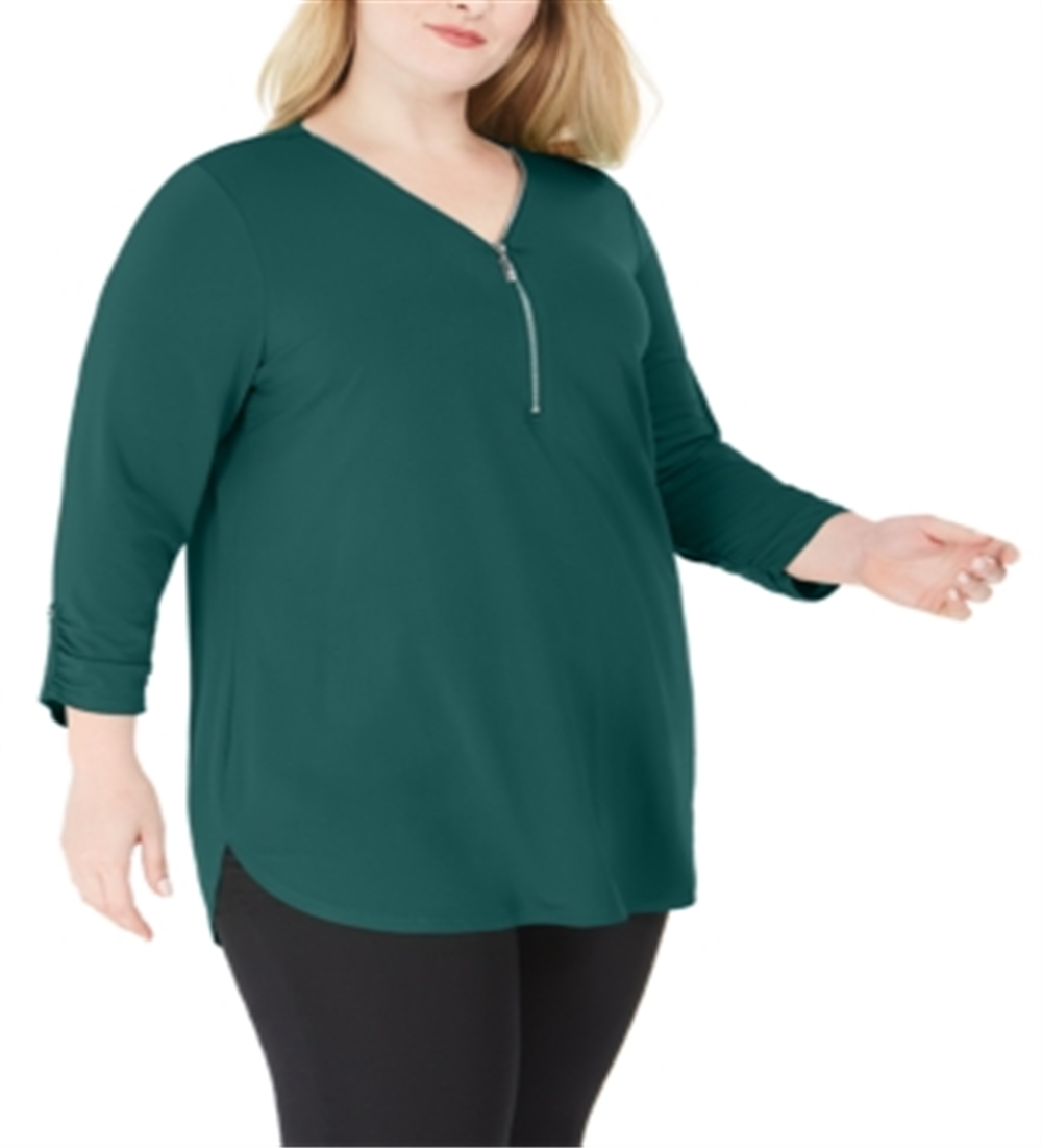 JM Collection Women's Plus Solid Zip Top Green Size 2X