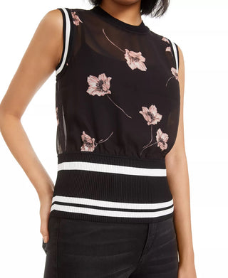 Bar III Women's Semi Sheer Floral Print Top Pink Size Small