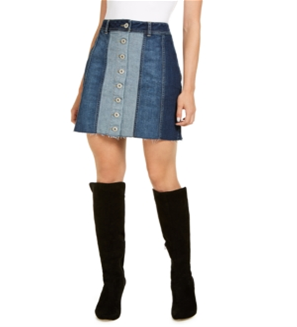 INC International Concepts Women's Denim Patchwork Mini Skirt Blue Size 0