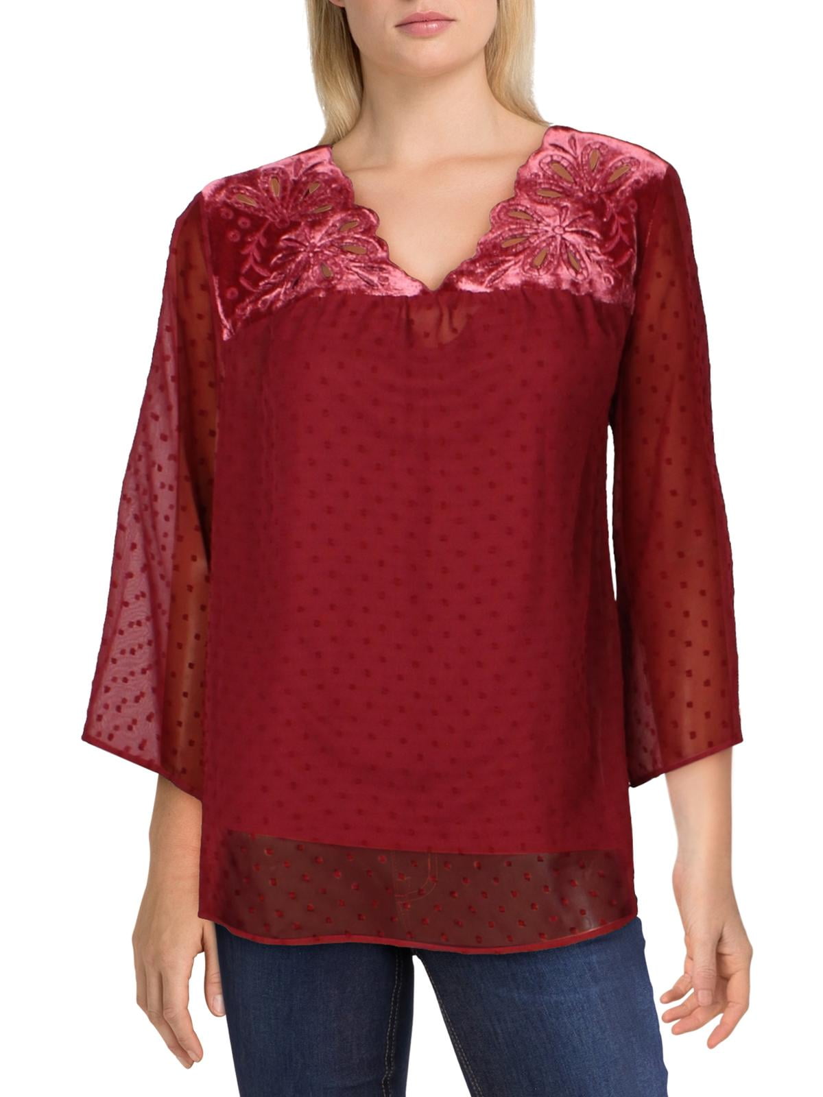 Style & Co Women's Red Mixed-Media Blouse Size Large