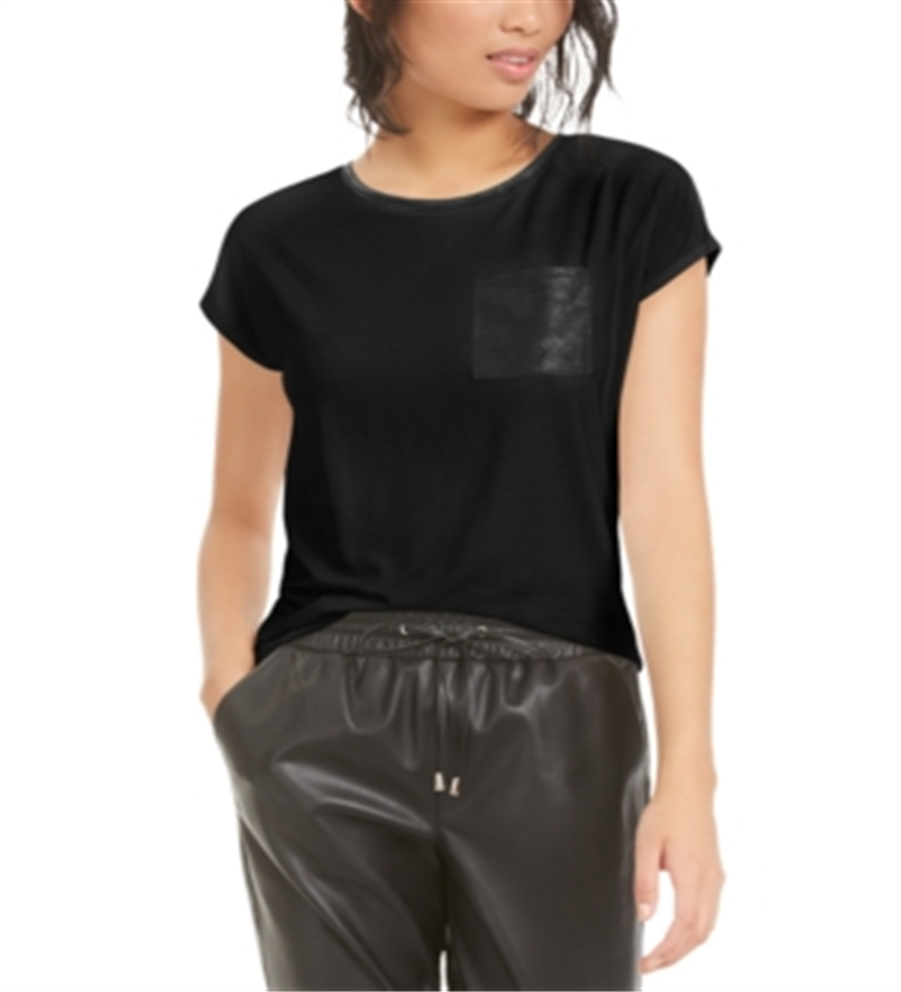 Bar III Women's Faux Leather Pocket T-Shirt Black Size X-Small