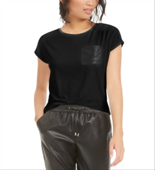 Bar III Women's Faux Leather Pocket T-Shirt Black Size X-Small