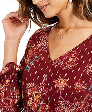 STYLE & COMPANY Women's Burgundy Tie Floral Long Sleeve Top Size Large
