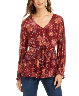 STYLE & COMPANY Women's Burgundy Tie Floral Long Sleeve Top Size Large