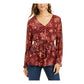 STYLE & COMPANY Women's Burgundy Tie Floral Long Sleeve Top Size Large
