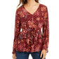 STYLE & COMPANY Women's Burgundy Tie Floral Long Sleeve Top Size Large