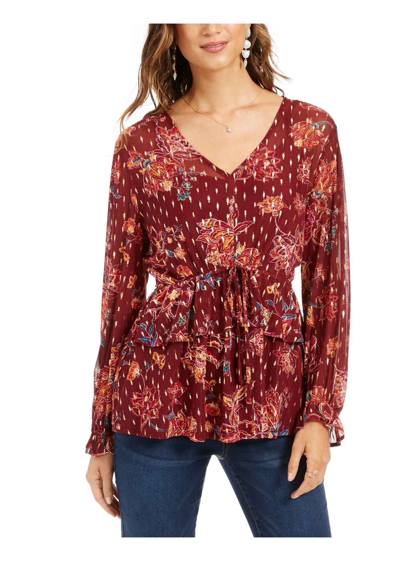 Style & Co Women's Burgundy Tie Floral Long Sleeve V Neck Top Size Large