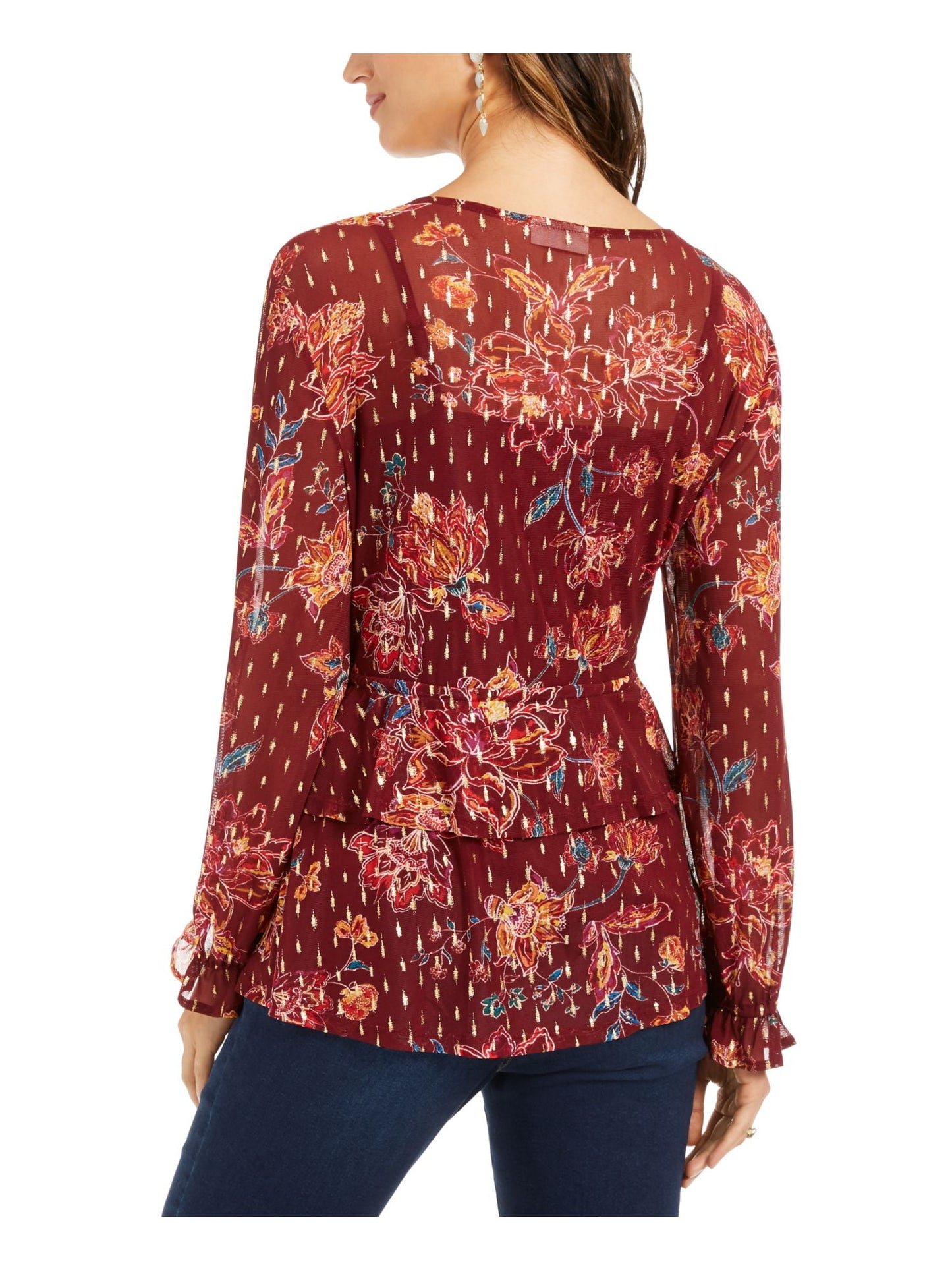 Style & Co Women's Burgundy Tie Floral Long Sleeve V Neck Top Size Large