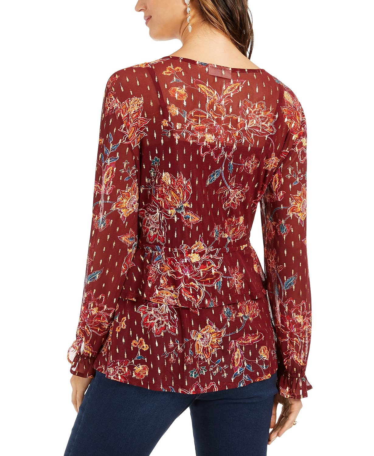 STYLE & COMPANY Women's Burgundy Tie Floral Long Sleeve Top Size Large