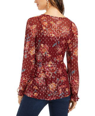 STYLE & COMPANY Women's Burgundy Tie Floral Long Sleeve Top Size Large