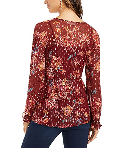 STYLE & COMPANY Women's Burgundy Tie Floral Long Sleeve Top Size Large
