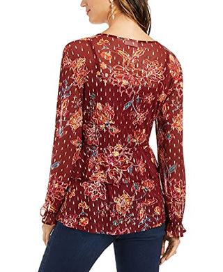 STYLE & COMPANY Women's Burgundy Tie Floral Long Sleeve Top Size Large