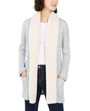 Style & Co Women's Sherpa-Trim Open-Front Cardigan Grey Size XS
