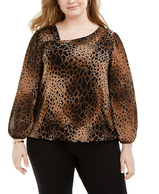 Alfani Women's Plus Animal Print Asymmetrical Neck Top Brown Size 0X
