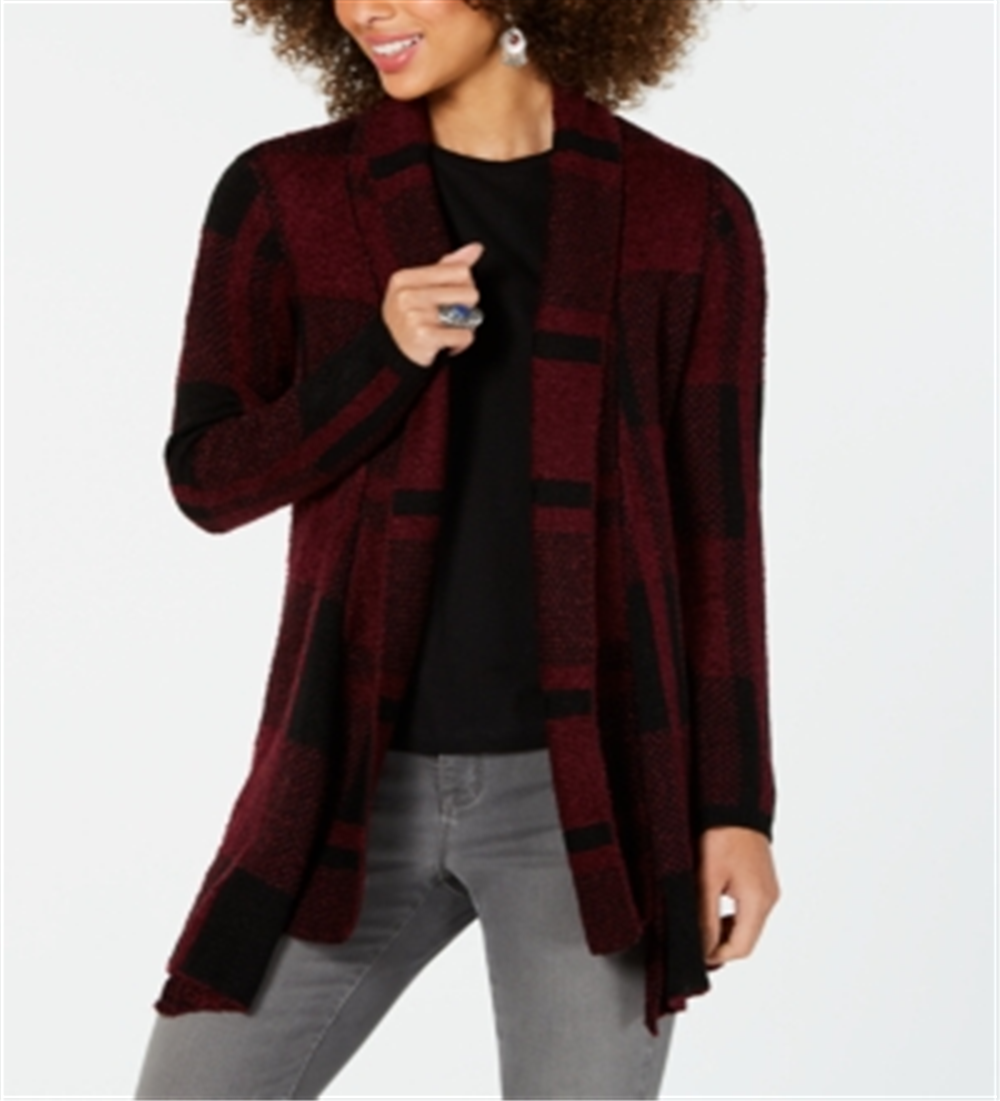 Style & Co Women's Plaid Boucle Cardigan Red Size Petite