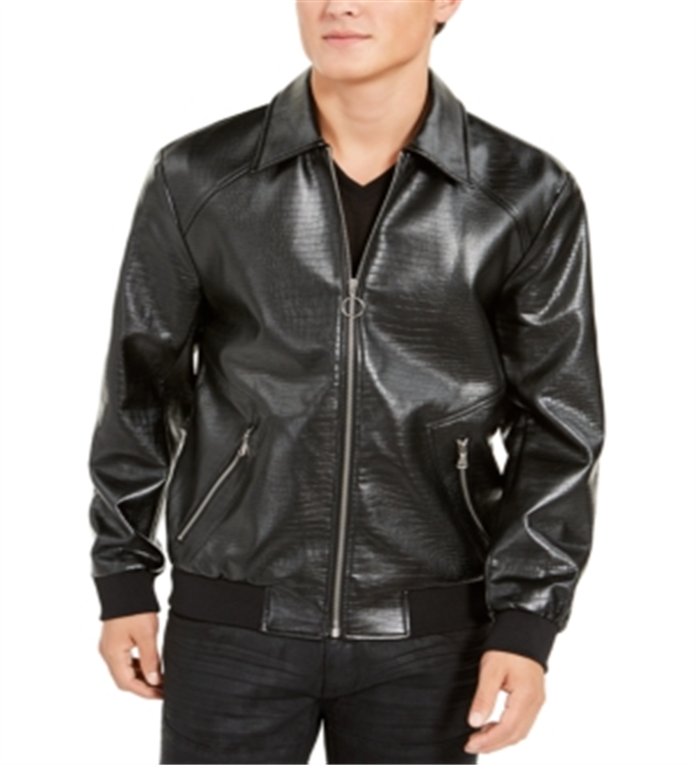 INC International Concepts Men's Wild Embossed Coach Faux Leather Jacket Black Size Small