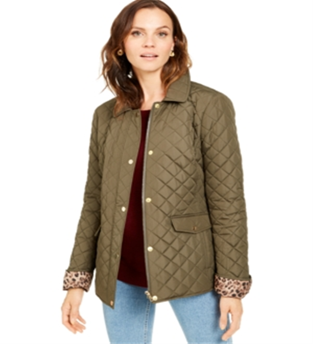 Charter Club Women's Quilted Leopard Print Trim Hooded Jacket Green Size X-Large