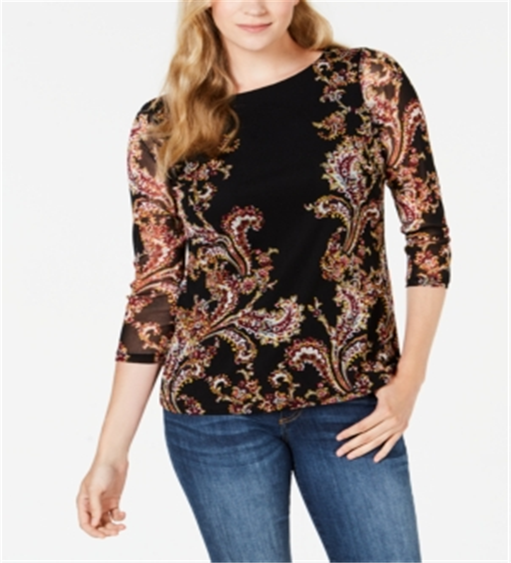 Charter Club Women's Floral Print Mesh Top Black Size Medium