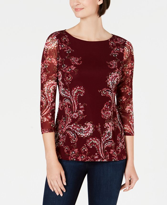 Charter Club Women's Floral Print Mesh Top Red Size Medium