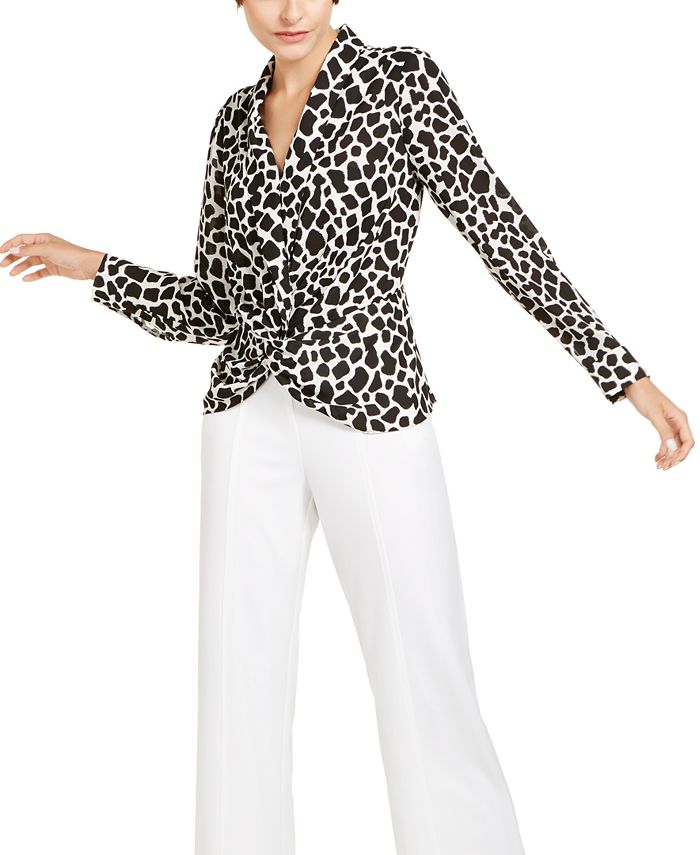 INC International Concepts Women's Giraffe Print Twist Front Blouse Black Size X-Small