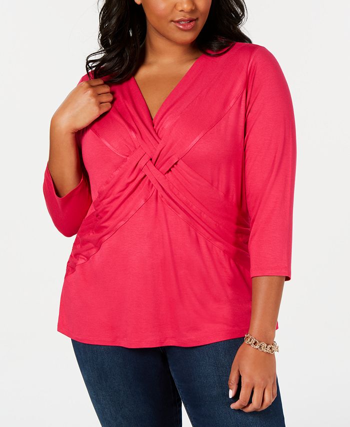 INC International Concepts Women's Plus Twist Front Drapey Blouse Pink Size 1X