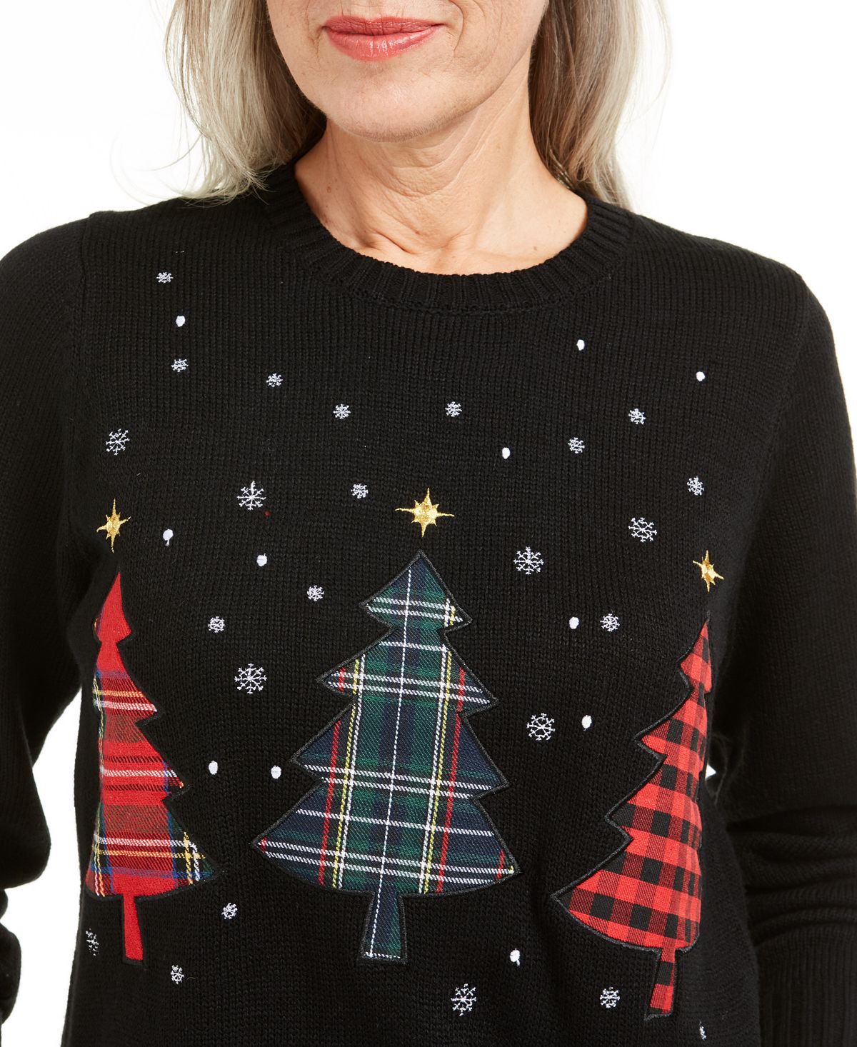 Karen Scott Women's Triple Holiday Tree Applique Sweater Black Size X-Small