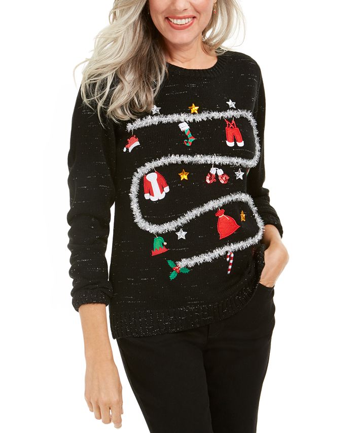 Karen Scott Women's Graphic Long Sleeve Crew Neck Blouse Holiday Sweater Black Size X-Large