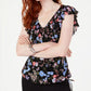 INC International Concepts Women's Floral Ruffle Drawstring V Neck Blouse Black Size X-Large