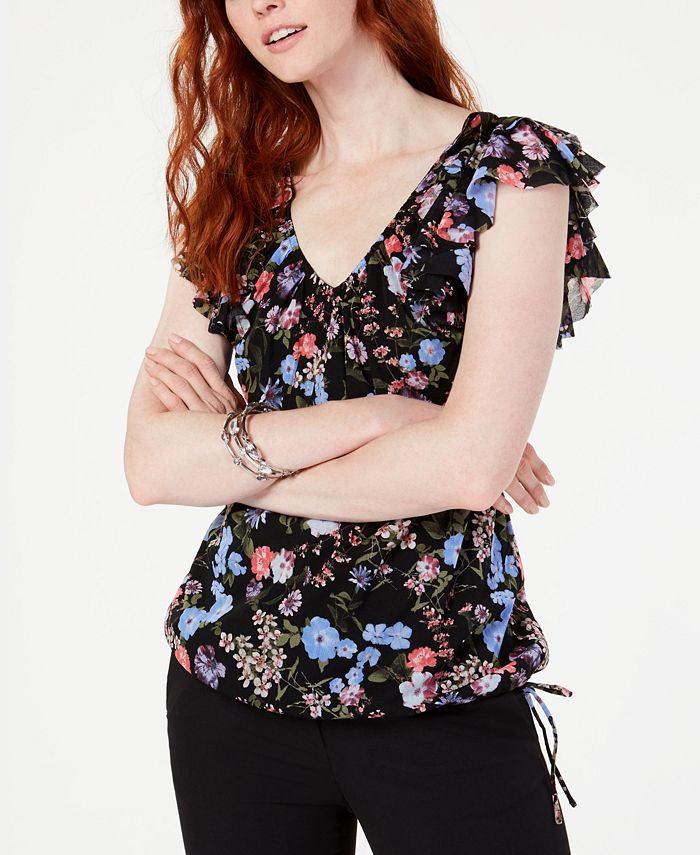 INC International Concepts Women's Floral Ruffle Drawstring V Neck Blouse Black Size X-Large