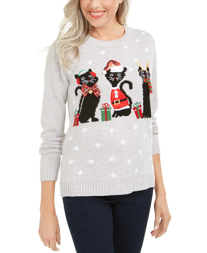 Karen Scott Christmas Cats Sweater Gray Size Petite SM