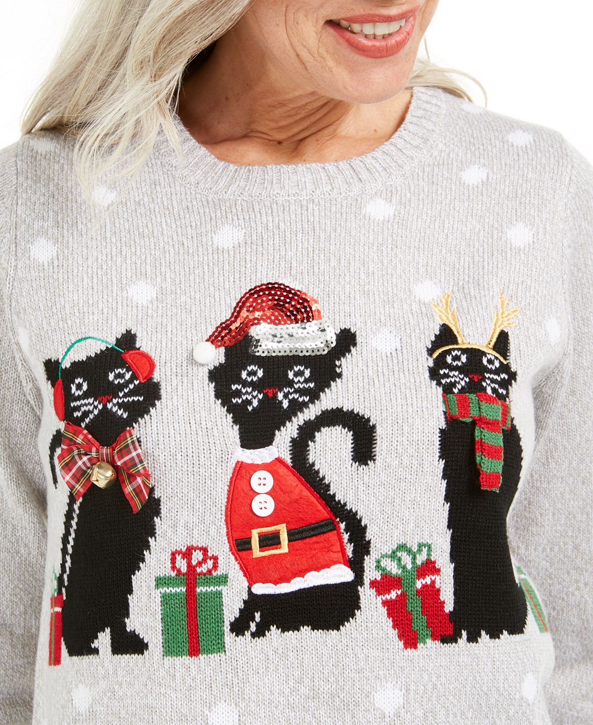 Karen Scott Christmas Cats Sweater Gray Size Petite SM