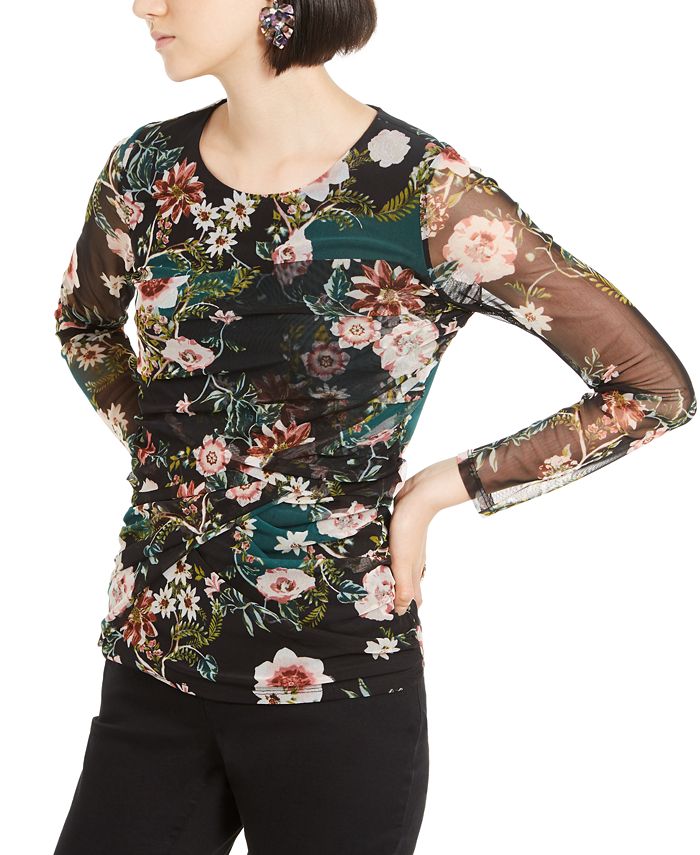 INC International Concepts Women's Floral Print Ruched Top Black Size Petite Small