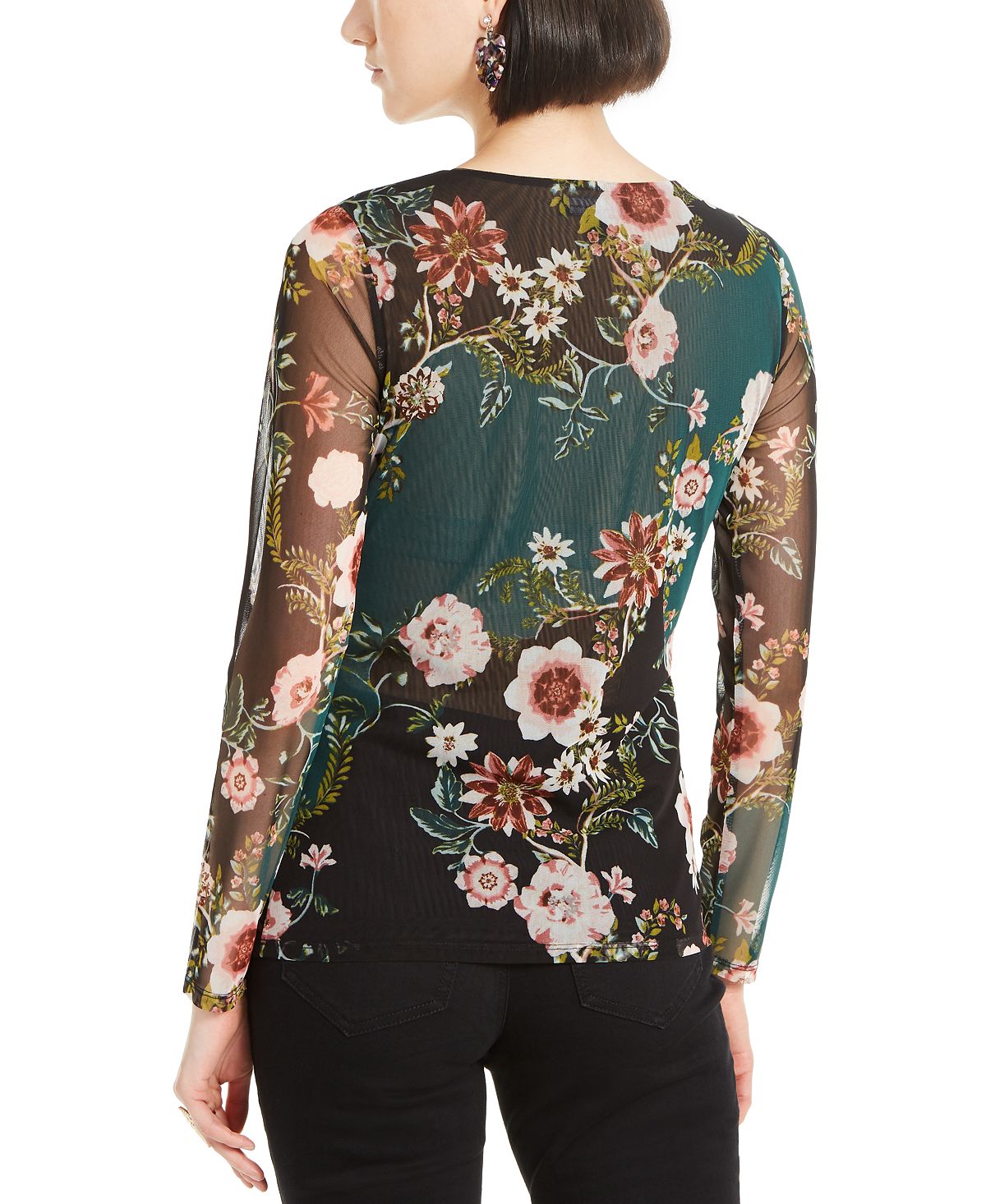 INC International Concepts Women's Floral Print Ruched Top Black Size Petite Small