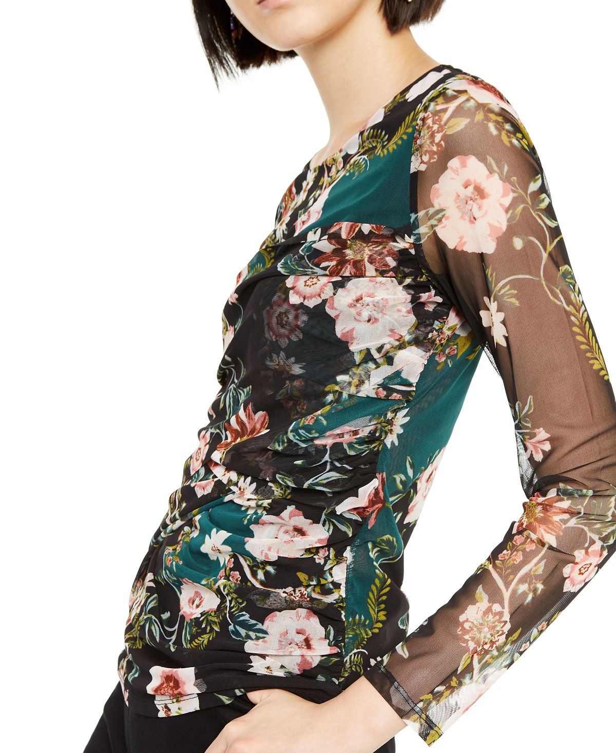 INC International Concepts Women's Floral Print Ruched Top Black Size Petite Small