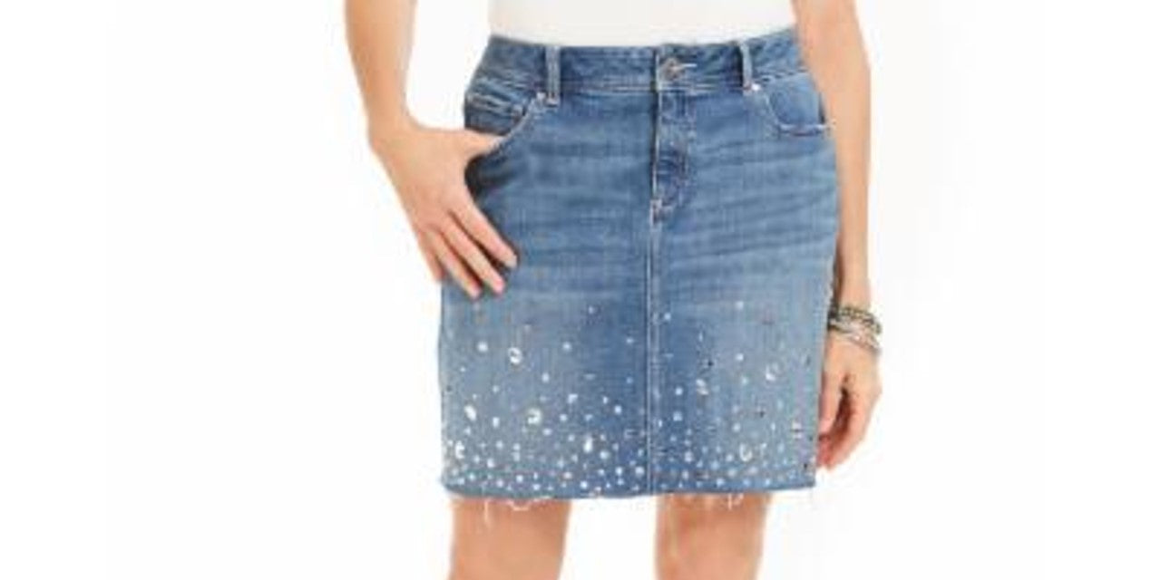 INC International Concepts Women's Curvy Fit Rhinestone Embellished Denim Skirt Blue Size 4