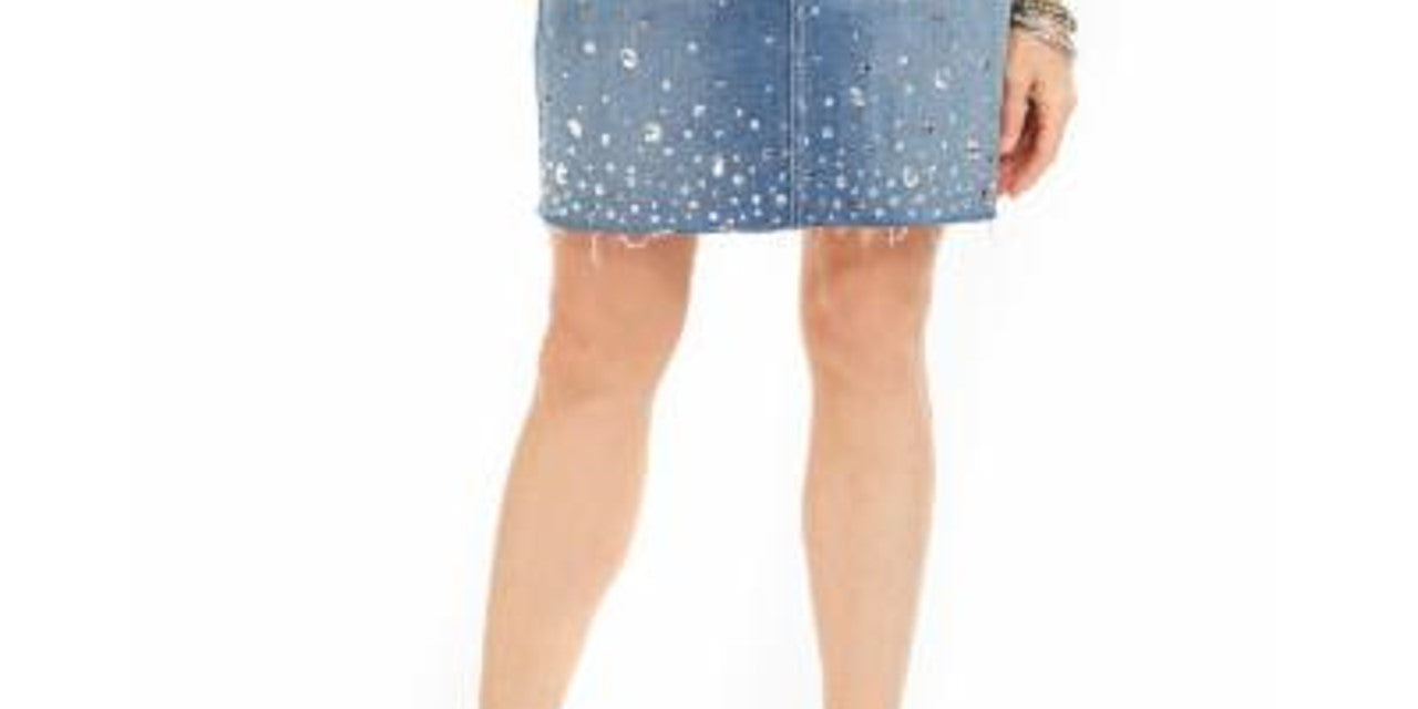 INC International Concepts Women's Curvy Fit Rhinestone Embellished Denim Skirt Blue Size 4