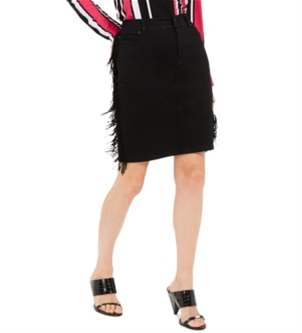 INC International Concepts Women's Fringe Trim Denim Skirt Black Size 16
