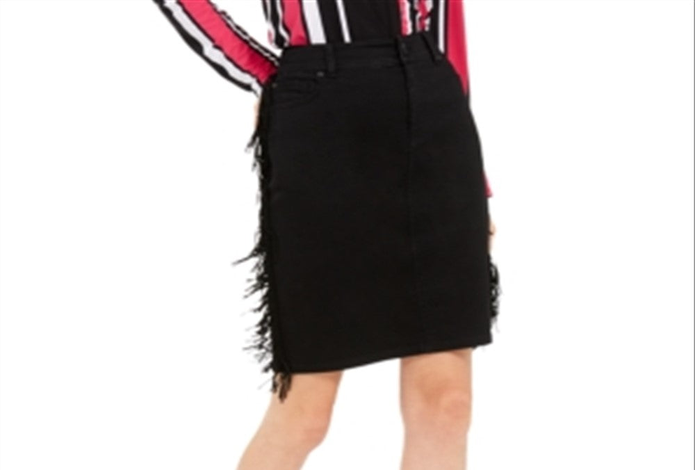 INC International Concepts Women's Fringe Trim Denim Skirt Black Size 16
