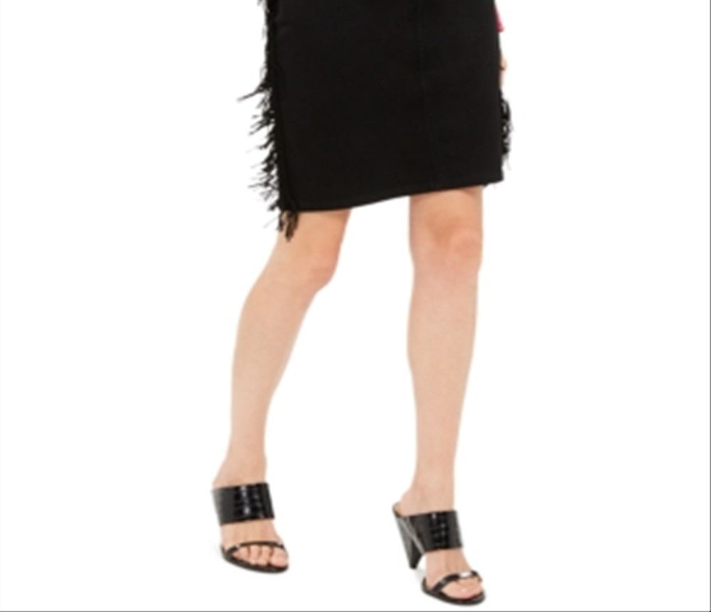 INC International Concepts Women's Fringe Trim Denim Skirt Black Size 16