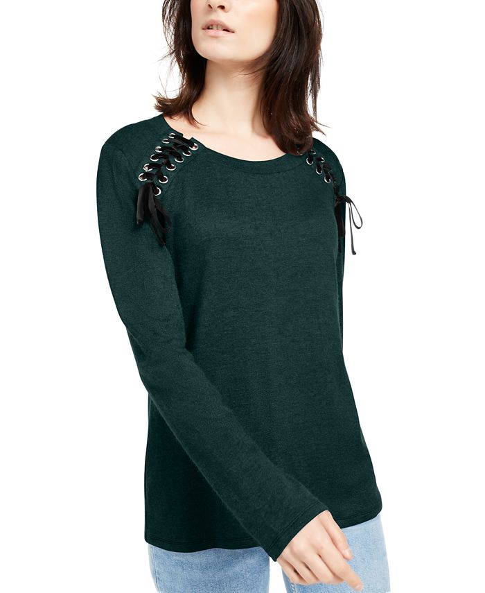 INC International Concepts Women's Lace up Scoop Neck Top Green Size X-Large