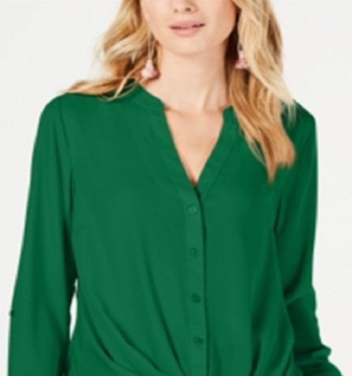 INC International Concepts Women's Twist Front Button up Top Green Size Medium