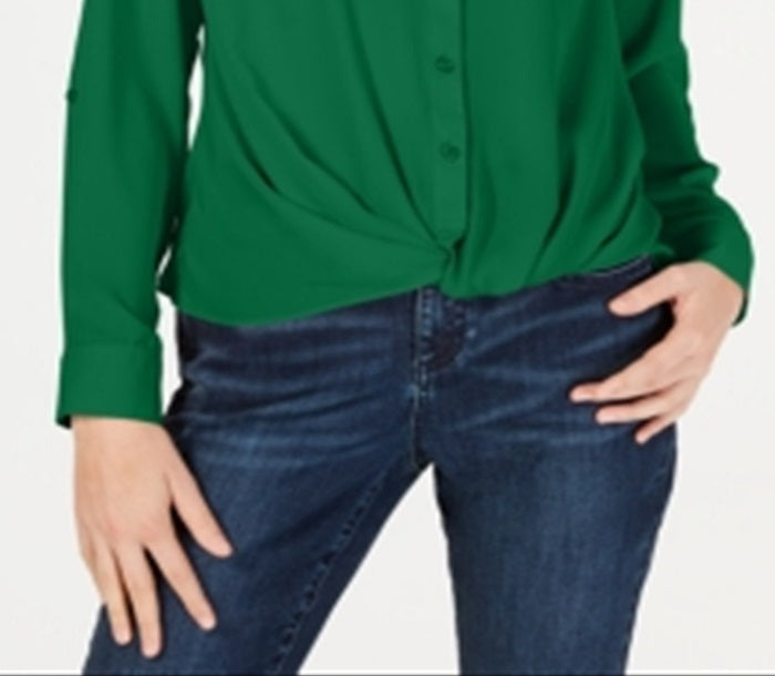 INC International Concepts Women's Twist Front Button up Top Green Size Medium