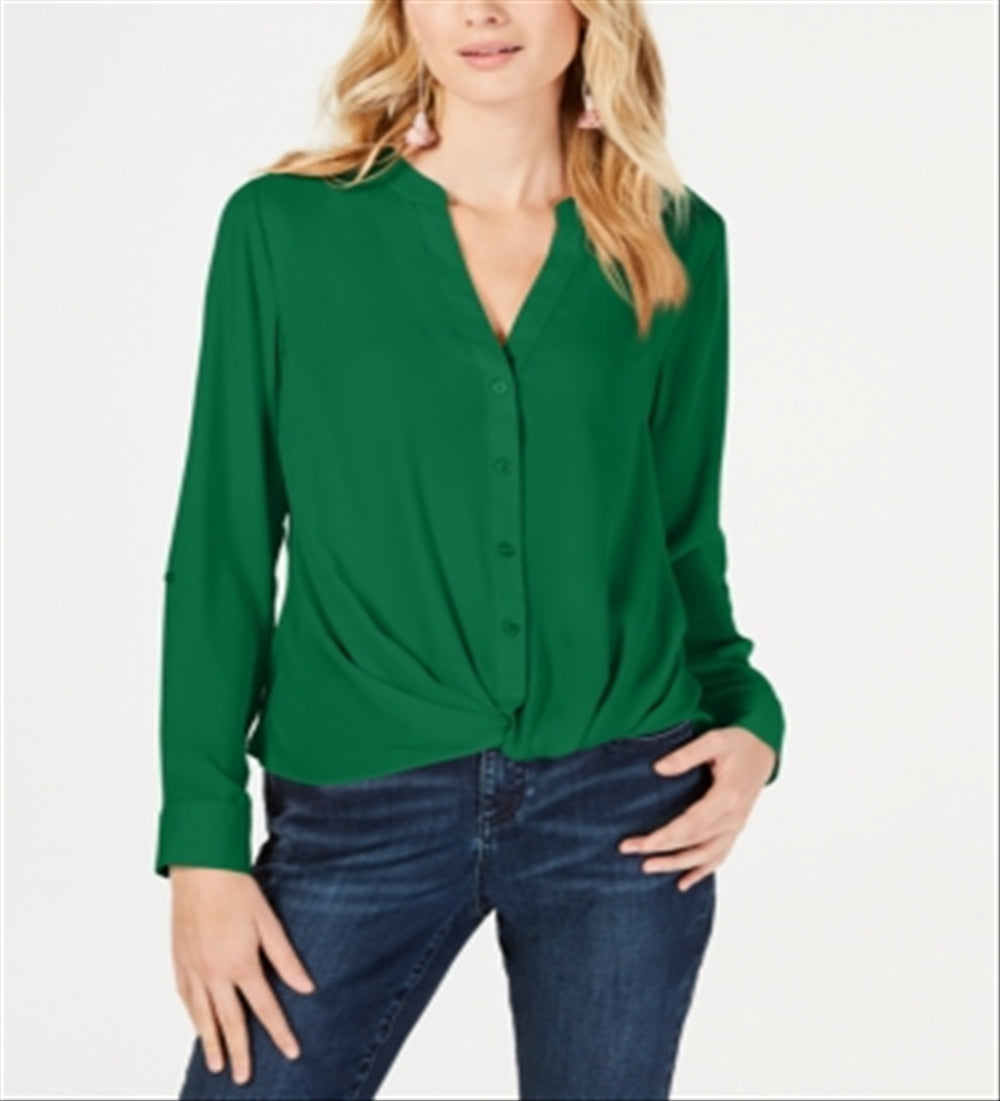 INC International Concepts Women's Twist Front Button up Top Green Size Medium