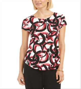 Alfani Women's Printed Round Hem T-Shirt Red Size Petite