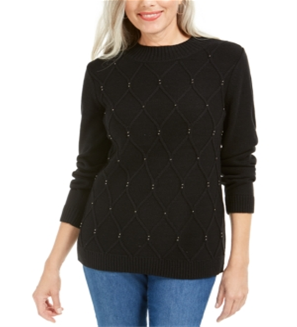 Karen Scott Women's Beaded Cable Mock Neck Sweater Black Size Large