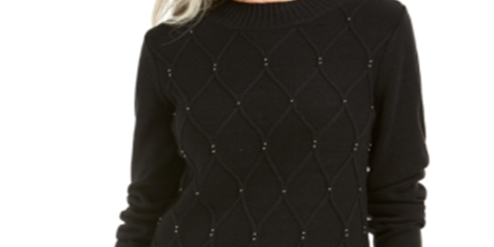 Karen Scott Women's Beaded Cable Mock Neck Sweater Black Size Large