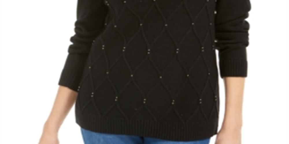 Karen Scott Women's Beaded Cable Mock Neck Sweater Black Size Large