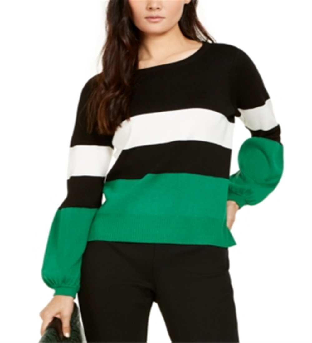 INC International Concepts Women's Stripe Puff Sleeve Sweater Green Size Large