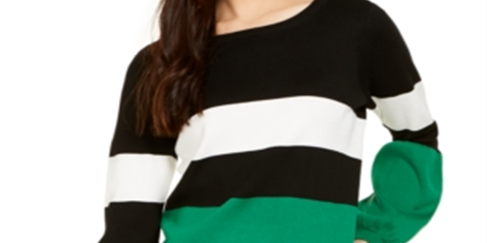 INC International Concepts Women's Stripe Puff Sleeve Sweater Green Size Large
